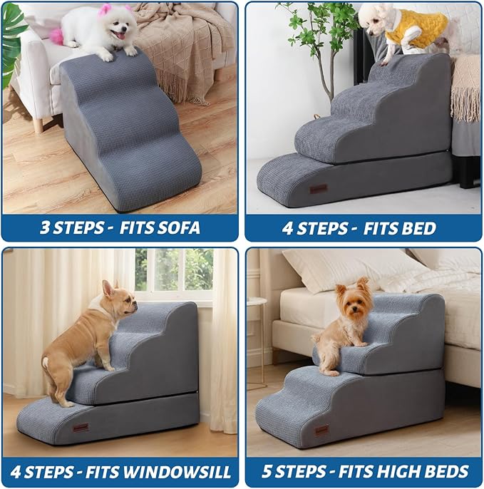 4-Step Dog Stairs and Ramp for Beds or Couches – Non-Slip Sturdy Pet Steps for Small Dogs and Cats,21" H,Grey-PurrikoPets
