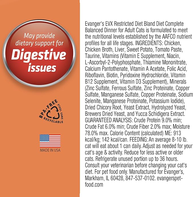 Evanger's EVX Restricted Diet Bland Diet Canned Cat Food – 24 Count, 5.5 oz Each – Chicken & Sweet Potato Recipe with Prebiotics & Postbiotics for Digestive, Microbiome & Gut Health Support-PurrikoPets