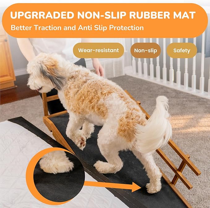 Dog Ramp for Bed, 5 Level Adjustable Dog Ramp for High Beds, Upgrade Rubber Mat High Traction Ramp with Safety Rails, Folding Pet Ramp for Bed, Couch,SUV, Natural Wood Pet Ramp for Small & Old Dogs-PurrikoPets