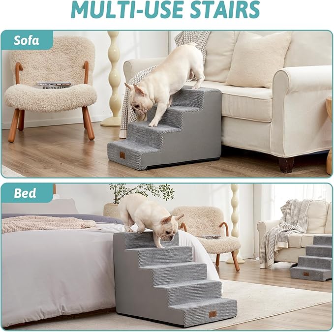 Dog Stairs for Small Dogs, 5 Tier Wider Pet Stairs for High Beds, 23.6" H Non-Slip Dog Steps for Old Cats, Puppies, Small Medium Dogs, 29.5x19.7x23.6 inch, Grey-PurrikoPets