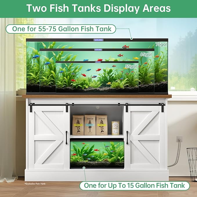 Fish Tank Stand Up to 75 Gallon, Aquarium Stand with Sliding Barn Doors & Power Outlet, White Farmhouse Style Stand with Cabinet Storage for Fish Tank, Turtle Tank, Reptile Terrarium,1000LBS Capacity-PurrikoPets