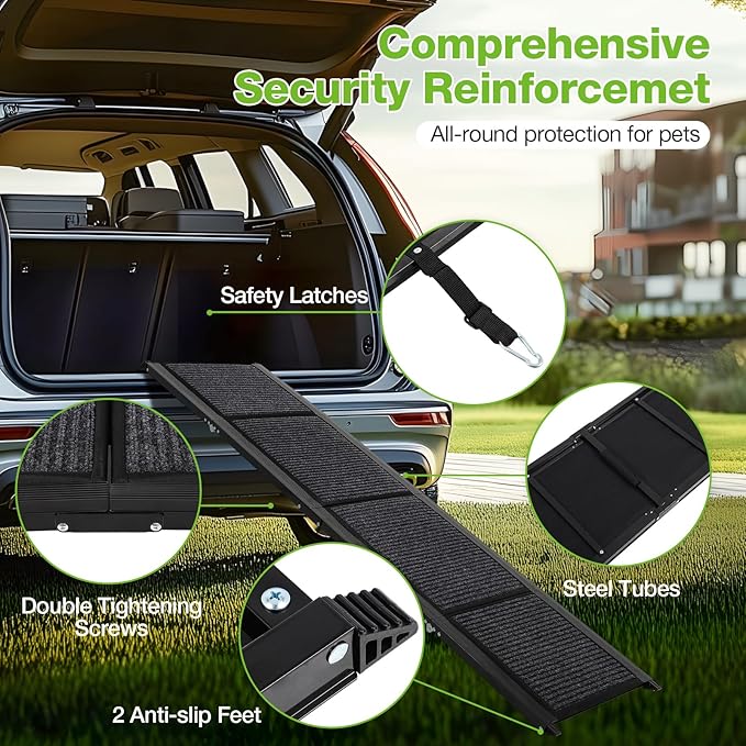 FAHKNS Dog Ramp for Car, 71" x 17" Extra Long Wide Folding Pet Ramp, Non-Slip Rug Surface, Aluminum, Black, Up to 300 LBS-PurrikoPets