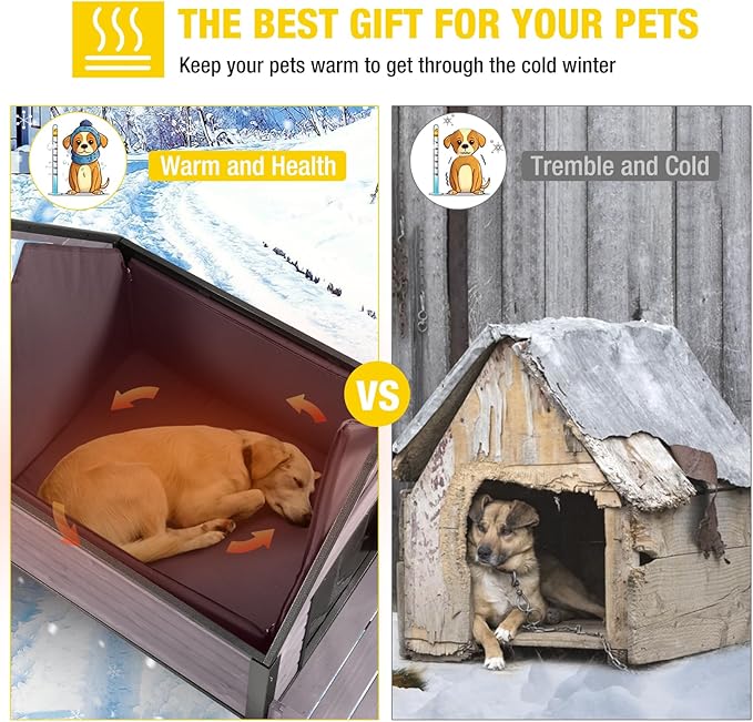 Aivituvin Dog House Outdoor with Metal Frame, Insulated Dog Kennel Outside for Small to Medium Breed, 45" Weatherproof Large Dog Shelter with Anti-Chewing Iron Frame, Grey (45" D x 32.9" W x 32.6" H)-PurrikoPets