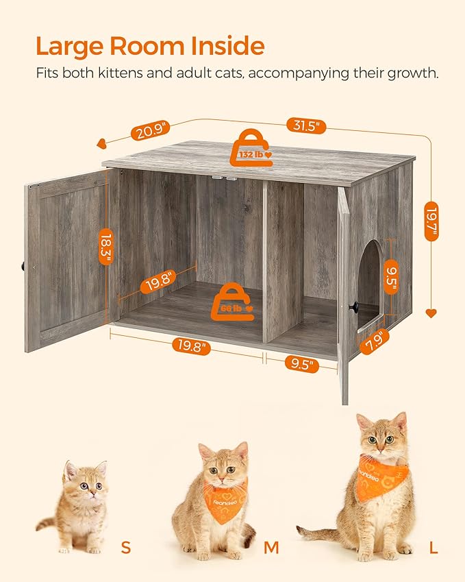 Feandrea Cat Litter Box Enclosure, Litter Box Furniture Hidden with Removable Divider, Indoor Cat House, End Table, 31.5 x 20.9 x 19.7 Inches, Greige UPCL002G01-PurrikoPets
