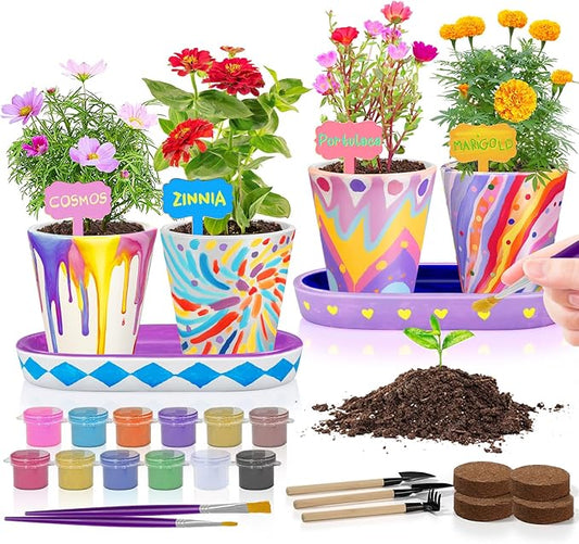 4 Set Paint & Plant Flower Gardening Kit - Gifts for Girls Ages 8-12, Arts and Crafts for Kids Ages 8-12, Kids Gardening Set, Birthday Toys Gifts for Girls Boys Ages 6 7 8 9 10 11 12-PurrikoPets