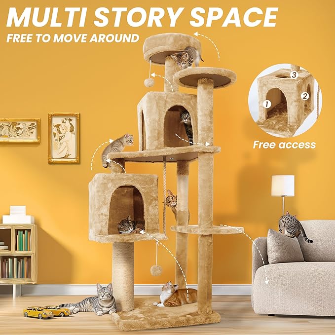 59in Large Cat Tree Tower for Indoor Cats with Soft Plush Hang Ball, Two Condos, Sisal Scratch Posts & Rope Play for Kittens/Adult Cats, New Beige-PurrikoPets