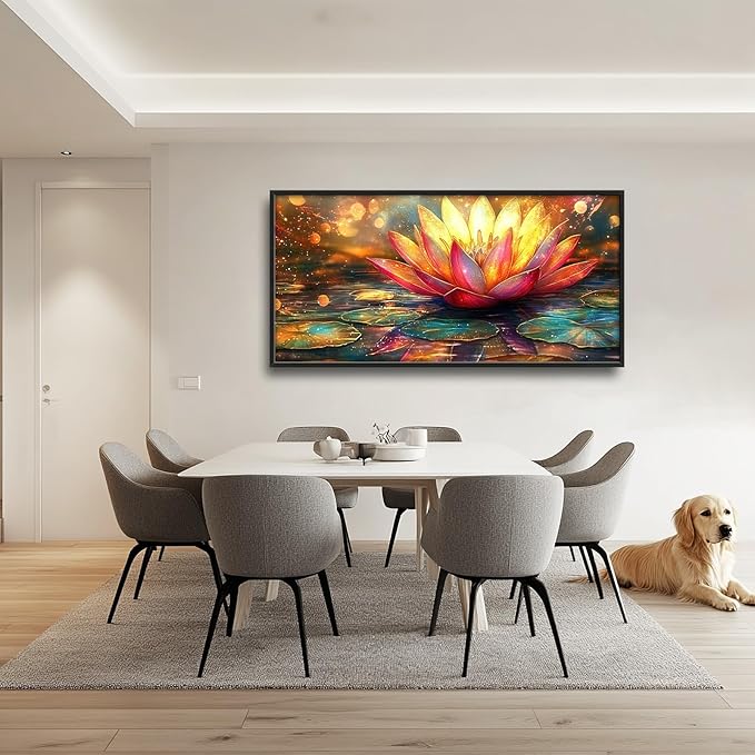 Framed Large Lotus Wall Art for Living Room, Oversized Lotus Flower Wall Decor Zen Golden Floral Canvas Painting Modern Artwork Home Decoration for Living Room Bedroom Office 60"x30"-PurrikoPets