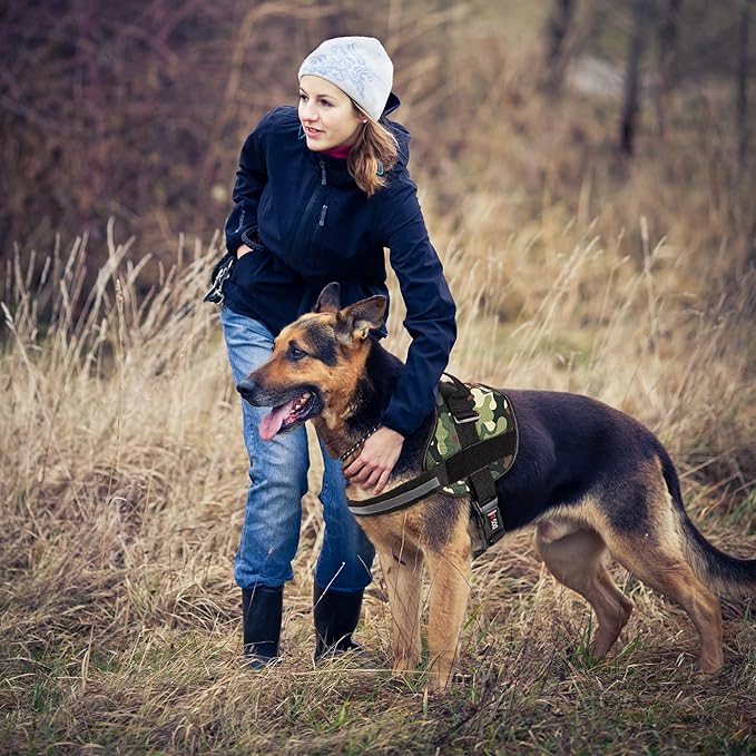 Dogline Dog Harness, Reflective No-Pull Adjustable Vest with Handle for Walking, Training, Breathable, No - Choke Harness for Small, Medium or Large Dogs Room for Patches Girth 15 to 18 in Green Camo-PurrikoPets