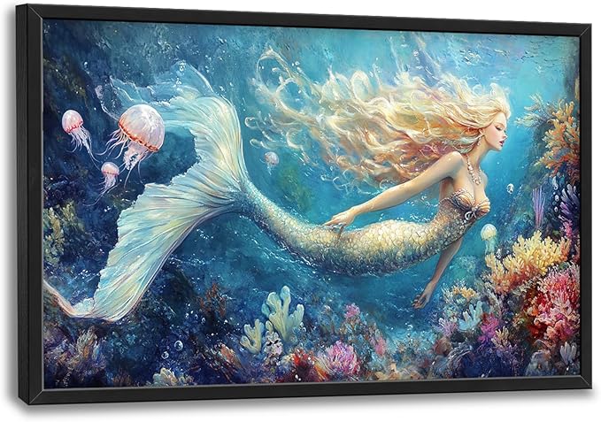 Extra Large Framed Mermaid Wall Art,Oversized Undersea Ocean Wall Decor,Colorful Coral Reefs Pictures for Living Room,Elegant Canvas Print Painting Modern Artwork Bedroom Bathroom 36L x 24W-PurrikoPets