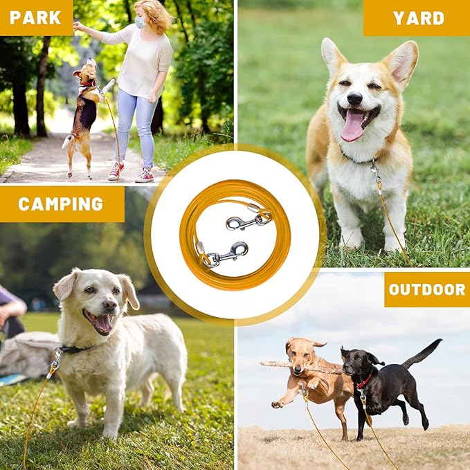Dog Tie Out Cable 10/15/20/25/30 FT Runner for Yard Steel Wire Cable with Durable Superior Clips Yellow Chains for Outside Dog Lead for Large Up to 165 Lbs-PurrikoPets
