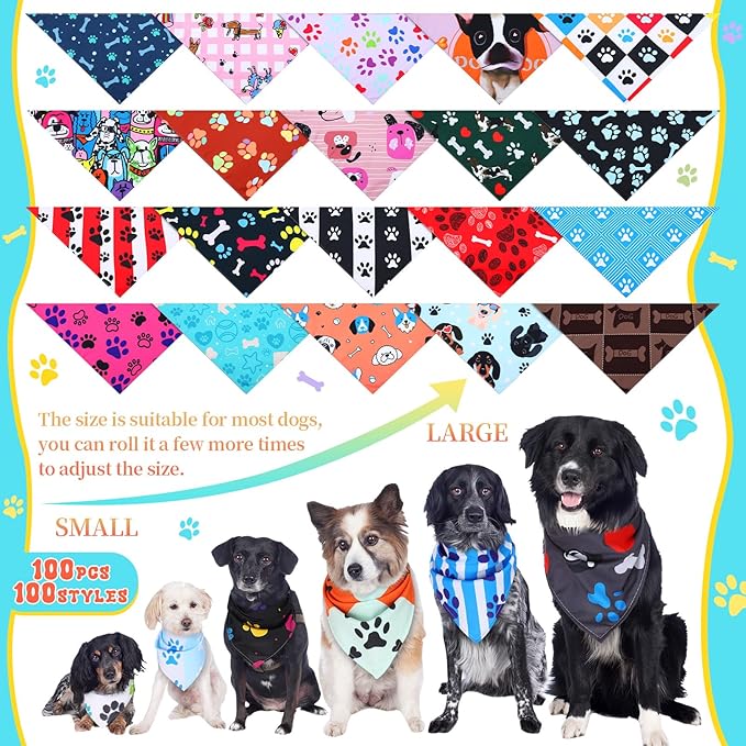 100 Pcs Paw Dog Bandanas Bulk Pet Bibs Colorful Triangle Scarf Paw Pattern Pet Bandanas for Medium Large Dogs Holiday Summer Birthday Costume Decor-PurrikoPets