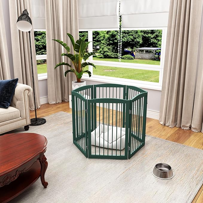 Freestanding Pet Gate for Dogs, Foldable Wooden Dog Gate for House, Extra Wide Indoor Pet Barrier for Stair, Doorway, Hall, Support Feet Included, 120 Inch Wide, 6 Panels 24",Green-PurrikoPets