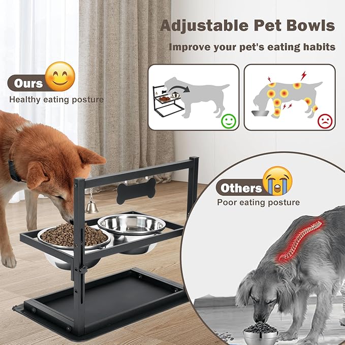 Elevated Slow Feeder Dog Bowls - Raised for Large Dogs, Adjustable Height, 2 Stainless Steel Bowls, Spill Proof Mat, Grey-PurrikoPets