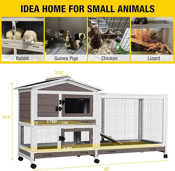 Aivituvin Rabbit Hutch 62" Rabbit Cage Indoor Outdoor Chicken Coop Guinea Pig Cage on Wheels Bunny Cage with 3 Deep No Leakage Pull Out Tray,Waterproof Roof (Brown)-PurrikoPets