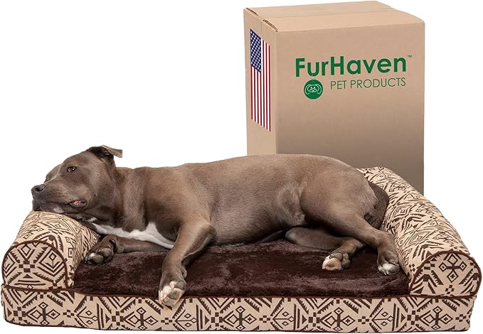 Furhaven Orthopedic Dog Bed for Large/Medium Dogs w/ Removable Bolsters & Washable Cover, For Dogs Up to 55 lbs - Plush & Southwest Kilim Woven Decor Sofa - Desert Brown, Large-PurrikoPets