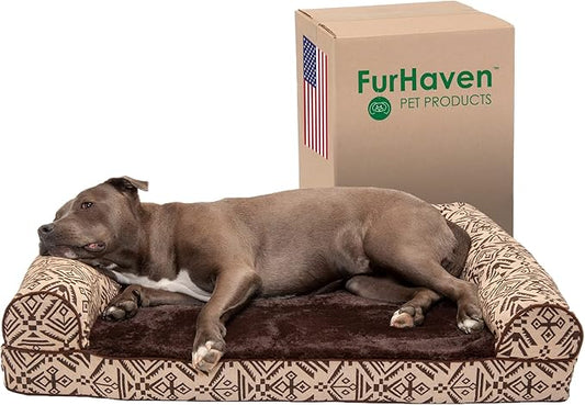 Furhaven Orthopedic Dog Bed for Large/Medium Dogs w/ Removable Bolsters & Washable Cover, For Dogs Up to 55 lbs - Plush & Southwest Kilim Woven Decor Sofa - Desert Brown, Large-PurrikoPets