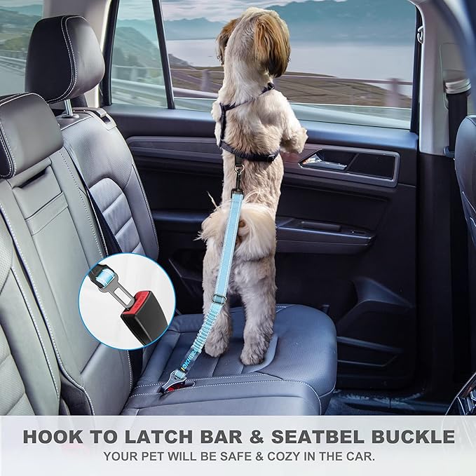 Dog Seat Belt 3-in-1 Car Harness for Dogs Adjustable Safety Seatbelt for Car Nylon Reflective Bungee Fabric Dog Car Harness with Clip Hook Latch & Buckle, Swivel Zinc Alloy Carabiner (Light Blue)-PurrikoPets