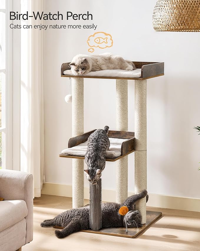 FourFurPets 43.7" Cat Tree, Modern Cat Tree Tower, Cat Tower for Indoor Cats Large Adult, Cat Condo with Scratching Post, Large Perch and Removable Pads,Rustic Brown-PurrikoPets