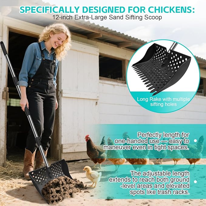 12-Inch 2-in-1 Chicken Poop Scooper & Rake – US Patent Pending – 3-Shape Sifting Holes Chicken Coop Rake，Stainless Steel Handle （20–61"）– Litter Scoop Sand & Sifting Shovel for Chicken Coops (Black)-PurrikoPets
