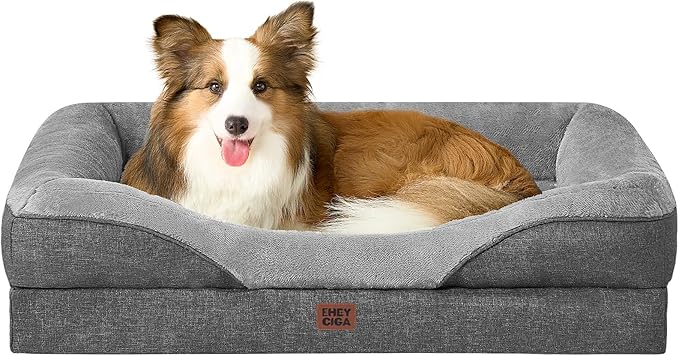 EHEYCIGA Memory Foam Dog Bed for Large Sized, Orthopedic Dog Sofa with Sides and Waterproof Liner, Washable Bolster Pet Couch with Removable Cover, 41x27x7.5 Inch, Grey-PurrikoPets