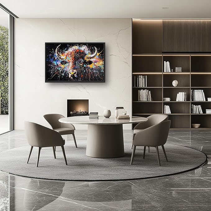 Framed Large Bison Buffalo Wall Art for Living Room, Oversized Graffiti Yak Cow Wall Decor Banksy Bull Canvas Painting Animal Pictures Modern Artwork for Living Room Bedroom Office 36"x24"-PurrikoPets