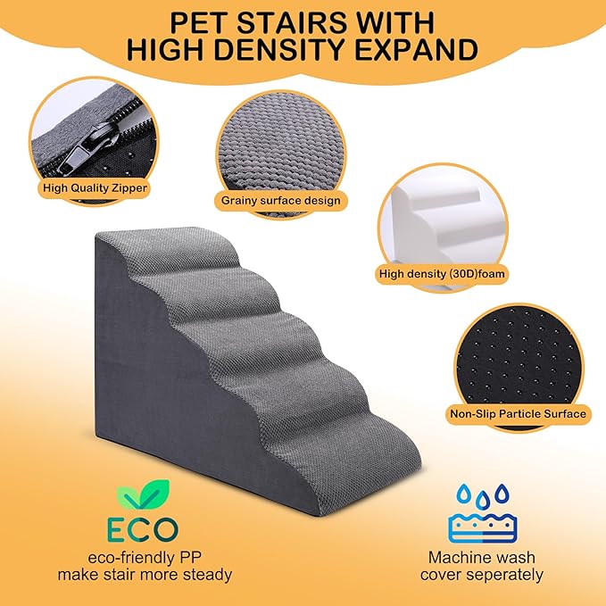 Dog Stairs for Bed, 5 Tier Dog Steps for Couch and High Bed, Non-Slip Pet Stairs, 24" High Sofa Foam Ramp - Best for Small Pets, Older Cats with Joint Pain-PurrikoPets