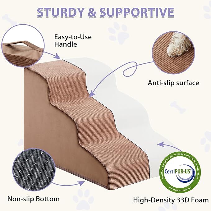 Dog Stairs for Small Dogs, 3-Steps Dog Ramp for Bed and Couch, Pet Stairs with Highly Supportive Foam and Non-Slip Bottom, Pet Steps for Cat & Doggie (High 15.7 Inch)-PurrikoPets
