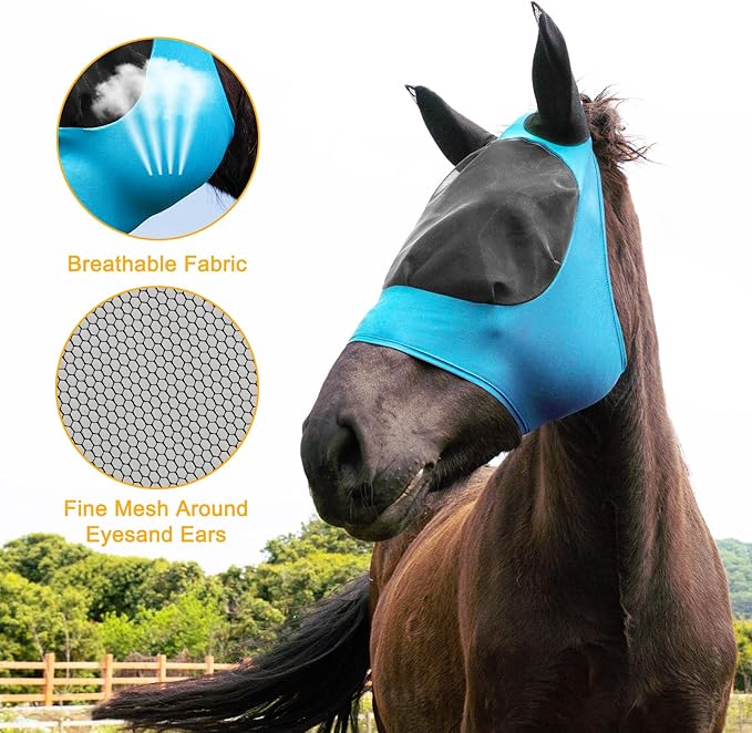 2 Piece Horse Fly Mask with Ears, Comfortable Fit Stretch Fabric Big Eye Space Soft Breathable with UV Protection for Full Horses (Blue-Pink)-PurrikoPets