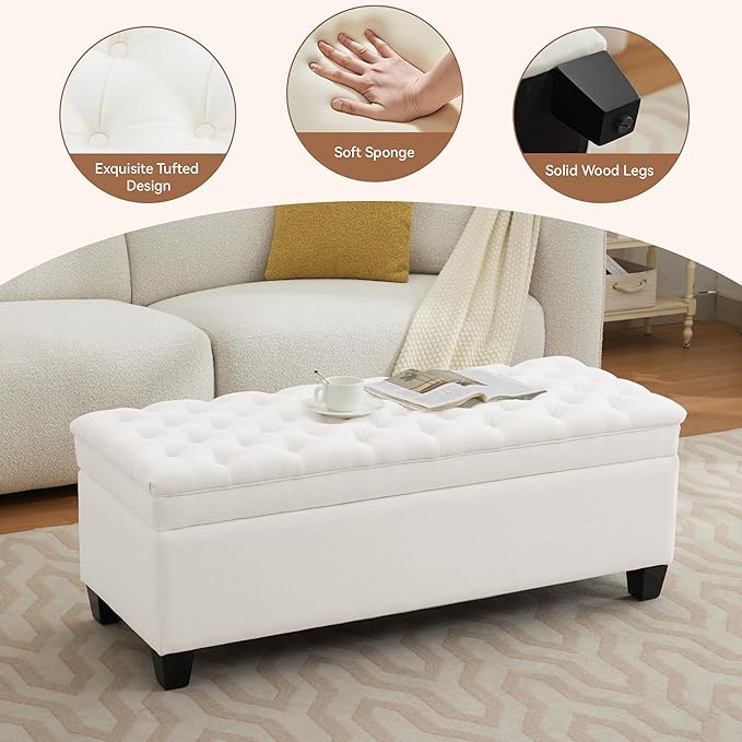 51" Fabric Storage Ottoman Bench, Upholstered Rectangle End of Bed Storage Ottoman Tufted Living Room Bedroom Bench with Safety Hinge, Solid Wood Legs, Loads 500 lb(Beige)-PurrikoPets
