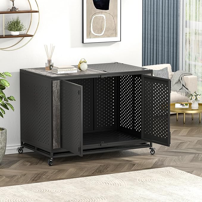 48" Heavy Duty Dog Crate Furniture for Extra Large Dogs, Enclosed Design with 0.5 inch Holes, Indestructible Metal Kennel for High Anxiety Dogs, Chew Proof Pet House Cage Indoor, Gray-PurrikoPets