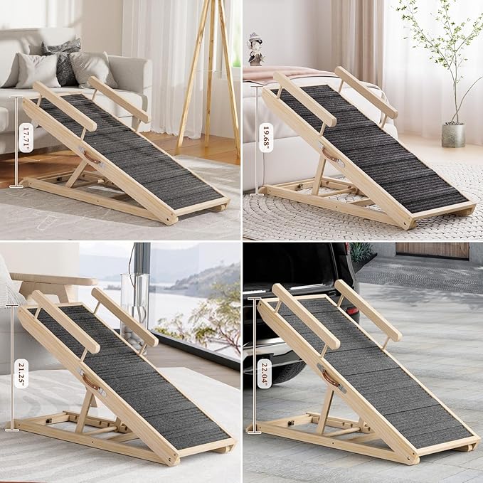 Dog Ramp for Bed, Couch, Car, Folding Pet Ramps 44.48" Long Adjustable 15"-22" Wooden Stairs with High Traction Mat & Safety Side Rails for Small & Medium Old Dogs & Cats, up to 200 lbs-PurrikoPets