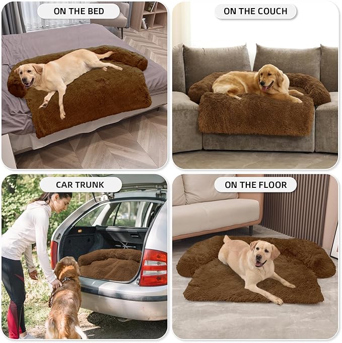 GGIB Calming Dog Bed Fluffy Plush Dog Mat for Furniture Protector with Removable Washable Cover for Large Medium Small Dogs and Cats (Extra Large (53x39.3x6), Brown)-PurrikoPets