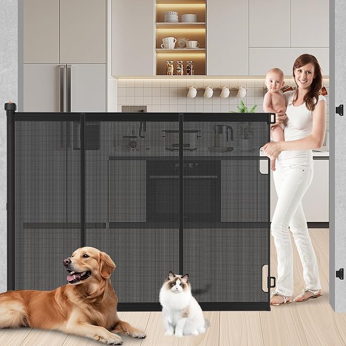 Extra Tall Retractable Baby Gates: 51" High Pet Gate, Extend up to 71" Wide, Mesh Baby Gate with Support Rods Jump-Proof Design for Cats & Large Dogs Tall Dog Cat Gate Indoor Outdoor, Black-PurrikoPets