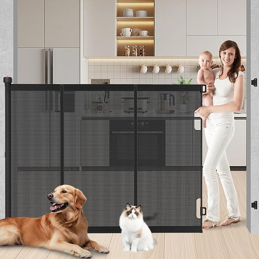 Extra Tall Retractable Baby Gates: 51" High Pet Gate, Extend up to 71" Wide, Mesh Baby Gate with Support Rods Jump-Proof Design for Cats & Large Dogs Tall Dog Cat Gate Indoor Outdoor, Black-PurrikoPets