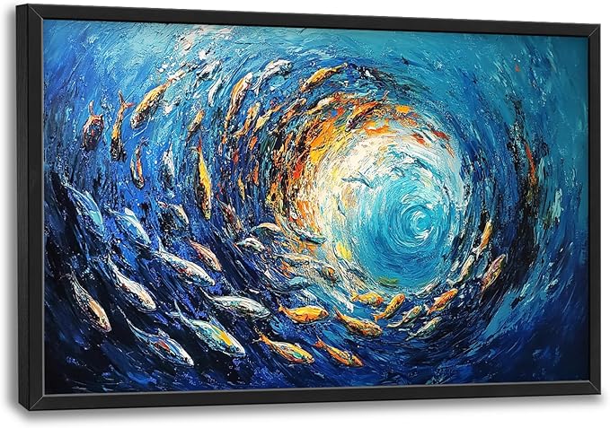 Extra Large Framed Abstract Ocean Fish Wall Art,Oversized Blue Sea Nautical Fish Wall Decor Pictures for Living Room,Canvas Print Painting Modern Artwork Bedroom Office Bathroom Home Decor 36L x24W-PurrikoPets