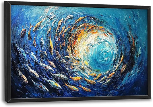 Extra Large Framed Abstract Ocean Fish Wall Art,Oversized Blue Sea Nautical Fish Wall Decor Pictures for Living Room,Canvas Print Painting Modern Artwork Bedroom Office Bathroom Home Decor 36L x24W-PurrikoPets