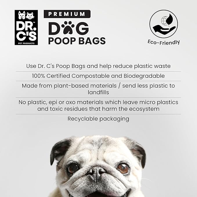 100% Certified Compostable Dog Poop Bags - Dr. C's Premium Dog Poop Bags - 270 Bags / 18 Rolls, Extra thick, Leak Proof, Unscented, Plant Based and Earth Friendly-PurrikoPets
