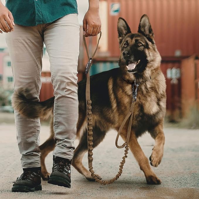EXCELLENT ELITE SPANKER Tactical Bungee Dog Leash Military Adjustable Dog Leash Quick Release Elastic Leads Rope with 2 Control Handle(Coyote Brown)-PurrikoPets