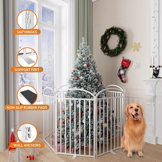 8 Panles Full Matel Freestanding Dog Gates with Door, 192"Extra Wide 36"Tall Free Standing Dog Pet Gate for Indoor & Outdoor. Foldable Pet Fences for Doorways, House, Stairs, Porch, Deck, Yard-PurrikoPets