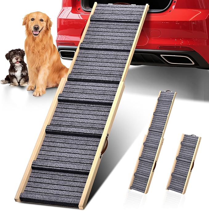 Dog Ramp for Car, 71''x 17'' Extra Long Deluxe Telescoping Design Wooden Pet Ramp, Pet Stair Ramps for Truck SUV with Non-Slip Surface, Portable Outdoor Dog Steps for Medium Large Dogs, Up to 250LBS-PurrikoPets