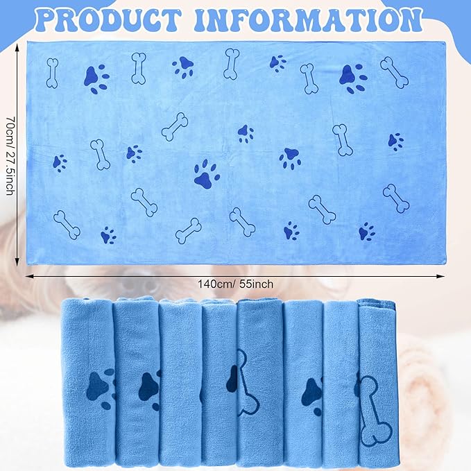 8 Pcs Dog Towels Pet Bath Drying Towels 55 x 28 Inches Large Absorbent Microfiber Quick Fast Drying Soft Beach for Lightweight Cat and Puppy Shower Essentials Cleaning Accessories(Blue)-PurrikoPets