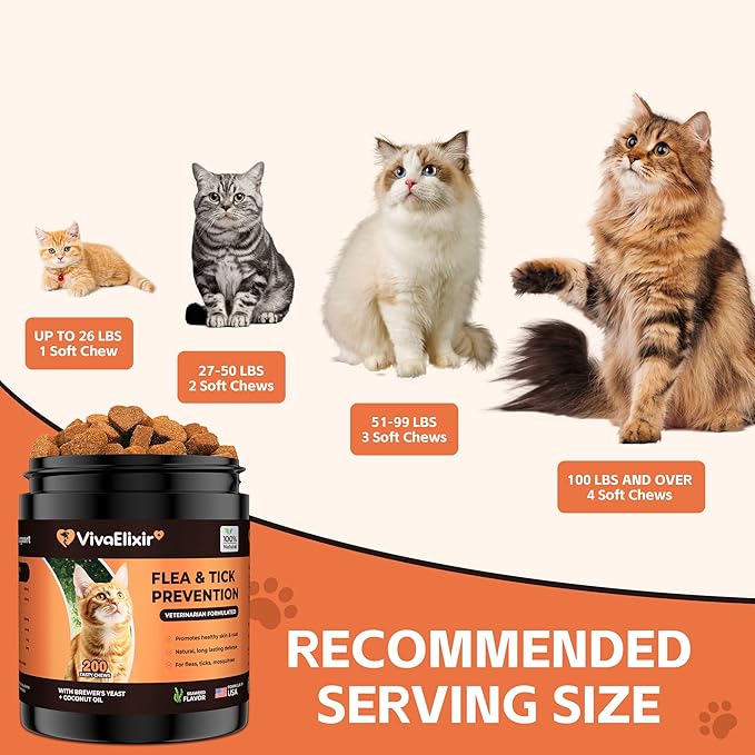 Flea & Tick Treatment for Cats – Natural Flea, Tick & Mosquito Prevention with Brewer’s Yeast, Coconut Oil – Skin & Coat Health, Immune Support – Vet Formulated 200 Chews-PurrikoPets