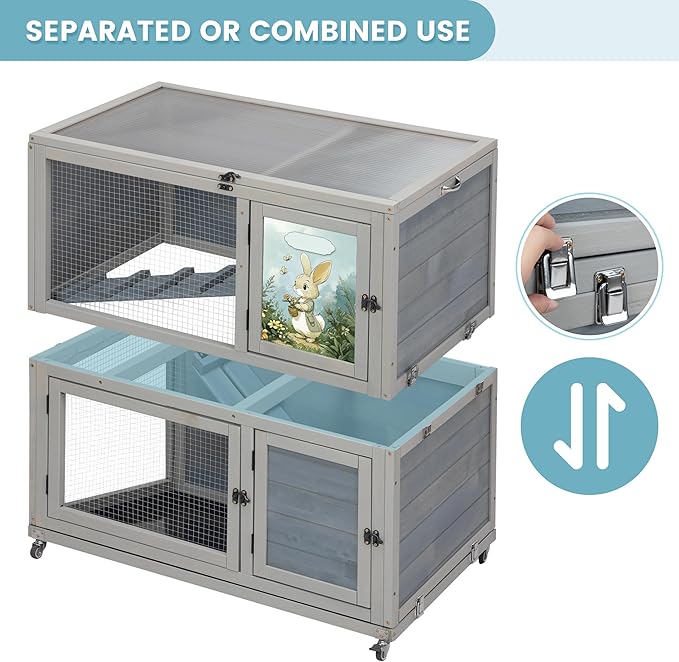 2-Story Wooden Rabbit Hutch for Outdoor & Indoor, Bunny Cage Rabbit House with Wheels, Trays, Ramp, Pet Home for Guinea Pigs, Chickens, Chicken Coop, Gray with Colorful Patterns-PurrikoPets