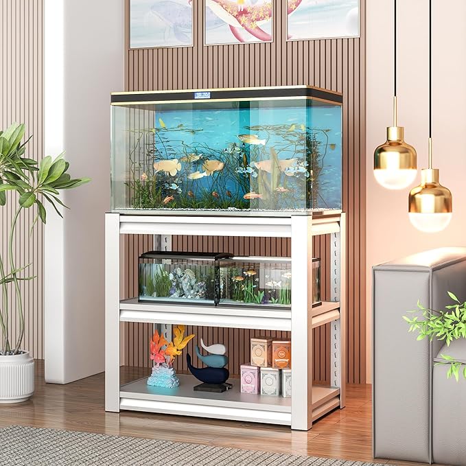 Fish Tank Stand White,3-tier Rack Shelf heavy duty Metal Frame Aquarium Stand 20 Gallon,Reptile Terrarium Stand for 30 Gallon Long Aquarium,Reptile Tank Stand,Breeder Tank Stand,31.5"*18"*34"-PurrikoPets
