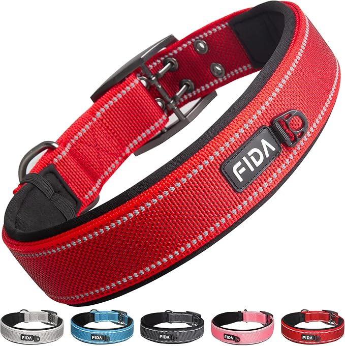 Fida Heavy Duty Dog Collar 1.5” Width, Ultra Soft Neoprene Padded, Adjustable Reflective Nylon Pet Collar with Two Metal Pin Belt Buckle for Large/X-Large Breeds (XL, Red)-PurrikoPets