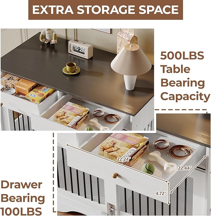 Dog Furniture Crate, 47" Large Dog Crate Furniture w/ 2 Storage Draws & Removable Divider for Large/Medium/Small Dogs (White, One Cage)-PurrikoPets