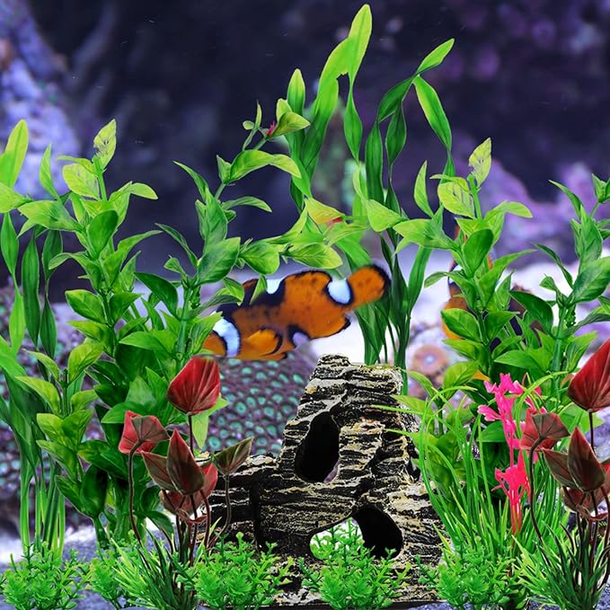 Fish Tank Accessories Aquarium Decorations Rock Plants, 20pcs Green Fish Tank Decorations Plants and Cave Rock Decoration Decor Set, Fish Tank Decor, Aquarium Decor Plastic Plants-PurrikoPets