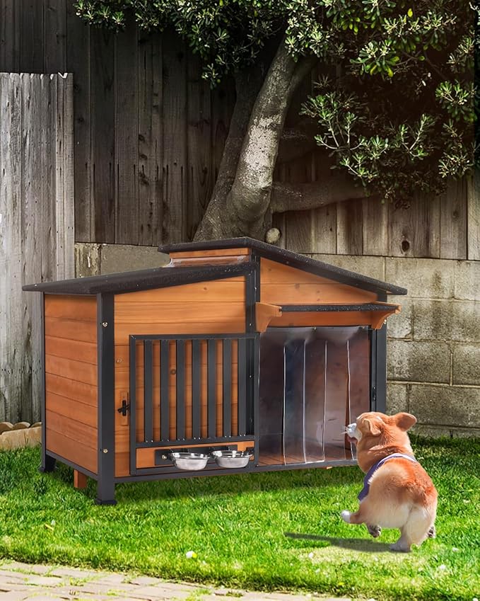 Dog House Outdoor with Bowls Weatherproof Dog Kennel with Anti-Chewing Iron Frame Dog Shelter for Small Medium Dogs-PurrikoPets