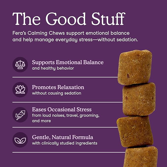 Fera Pets Dog Calming Chews with Ashwagandha & Priome® Mental Wellbeing Postbiotic Blend - Supports Anxiety Relief - Promotes Relaxation - 90 Soft Chews-PurrikoPets