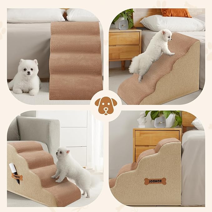 Dog Stairs, Romrol Dog Steps Ramp for High Bed and Couch, Dogs Ramp with Durable Non-Slip Waterproof Fabric Cover, Pet Stairs for Small Dogs and Cats or Pets Joints, 4-TiersLight Brown-PurrikoPets